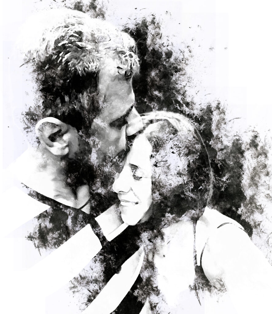Ein Schwarz-Weiß-Foto eines küssenden Mannes und einer Frau.